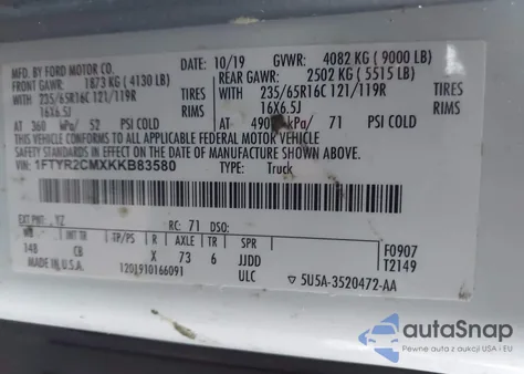 2019 Ford Transit-250 из США, поврежденный, VIN 1FTYR2CMXKKB83580